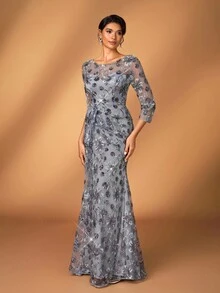 Serin 优雅奢华灰色亮片刺绣亮片串珠圆领褶饰裹身中长连衣裙，适合晚会、约会、音乐节、舞会、婚礼、新娘母亲礼服 - 灰色 - 查看 6