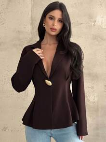 Firerie 女士休闲优雅收腰咖棕色西装外套/仿麻面料西装/收腰西装/女冬装/秋装/返校/校服/女教师装/商务休闲女装/知性优雅女装 - 咖啡棕 - 查看 6