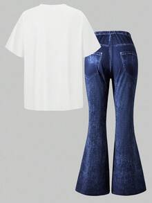 2pcs/Set Cartoon Girl Print Casual Minimalist Short Sleeve Top And Pants For Teen Girls - White - View 7