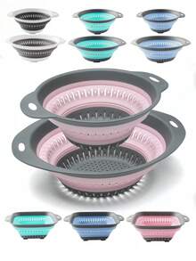 SHEIN 1pc/2pcs Foldable Collapsible Drain Basket, Small/Large, Square/Round Shape, Space-Saving Storage, Convenient For Kitchen Vegetable Fruit Cleaning And Rapid Draining - Multicolor - View 1