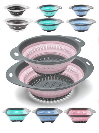 SHEIN 1pc/2pcs Foldable Collapsible Drain Basket, Small/Large, Square/Round Shape, Space-Saving Storage, Convenient For Kitchen Vegetable Fruit Cleaning And Rapid Draining