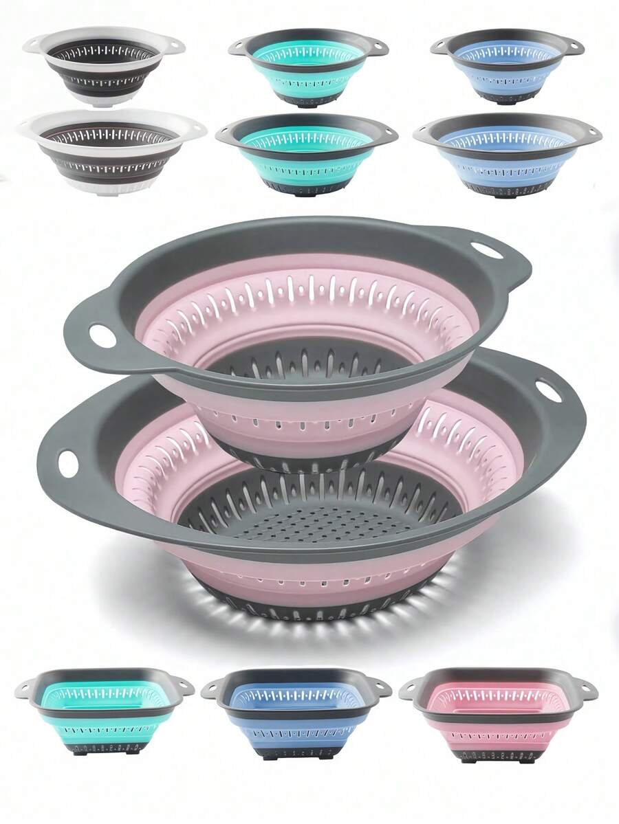 SHEIN 1pc/2pcs Foldable Collapsible Drain Basket, Small/Large, Square/Round Shape, Space-Saving Storage, Convenient For Kitchen Vegetable Fruit Cleaning And Rapid Draining - Multicolor - View 1