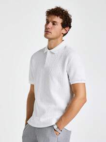 Marvello Homme Men's White Geometric Striped Textured Casual Polo Shirt Polos For Men Men Clothes Men Polo Shirts Polo Shirts For Men Collar Polo T Shirt Men - White - View 5