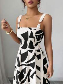 SHEIN Clasi Váy xòe họa tiết hình học đơn giản, thoải mái, dây mảnh, dáng rộng, mùa hè dành cho nữ - Đen và trắng - Xem 6