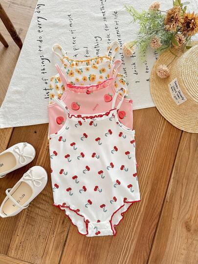 3件套新生女宝宝可爱碎花无袖连体衣套装，夏季图案