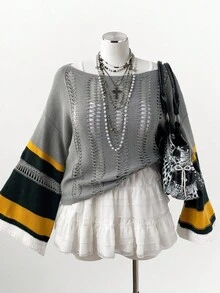 Sunspun Áo len chui đầu kẻ sọc màu tương phản cỡ lớn cho nữ, thiết kế mới cho mùa thu/đông - Xám - Xem 5