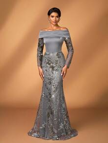 Serin Robe sirène à manches longues en satin élastique froncé, avec patchwork de dentelle brodée de sequins. Élégante et luxueuse, convient pour le mariage, les fêtes, les enterrements de vie de jeune fille, les vacances, le bal de promo, la mère de la mariée. - Gris - Voir 7