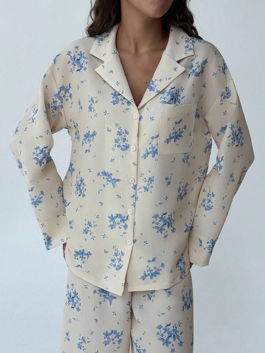 Aloruh 新款印花轻薄上衣长裤睡衣套装，舒适透气，适合夏季穿着，宽松长袖家居服，也可户外穿着，秋冬季服装。 - 藍色 - 查看 1