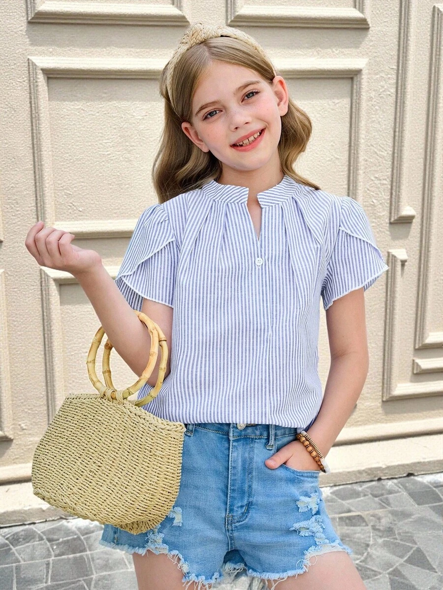 SHEIN 青少年女孩休闲梭织条纹立领收腰花瓣袖纽扣修身衬衫 - 淺藍色 - 查看 1