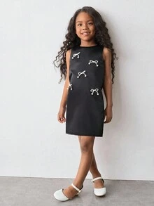 Maija Kids Maija Kids Young Girl Round Neck Pearl Bow Decor Dress Pearl Dress Young Girls Bow Dress Young Girls Dress - Black - View 4