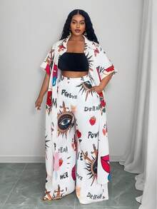 Slaydiva Plus Size Women Linen Printed Long Dress, Printed Linen Shirt, And Linen Pants Set - White - View 10