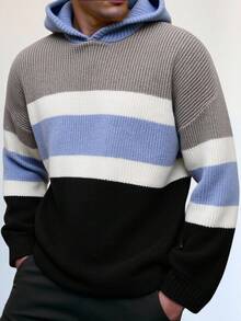 SHEIN Teenage Boys' Casual Striped Contrast Color Hooded Solid Knit Hoodie Sweater, Versatile All-Match Suitable For Commuting, School, Daily Casual, Vacation, Outdoor, College Party, Fall Autumn And Winter Clothes Color Block Sweater Striped Knit Sweater Teen Boys Sweater Hoodie Boys Hooded Sweater Boys Knit Hoodie - Multicolor - View 2