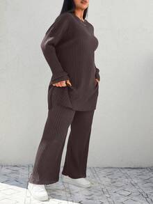 EURMUSE Plus Drop Shoulder Split Hem Tee & Pants - Brown - View 5