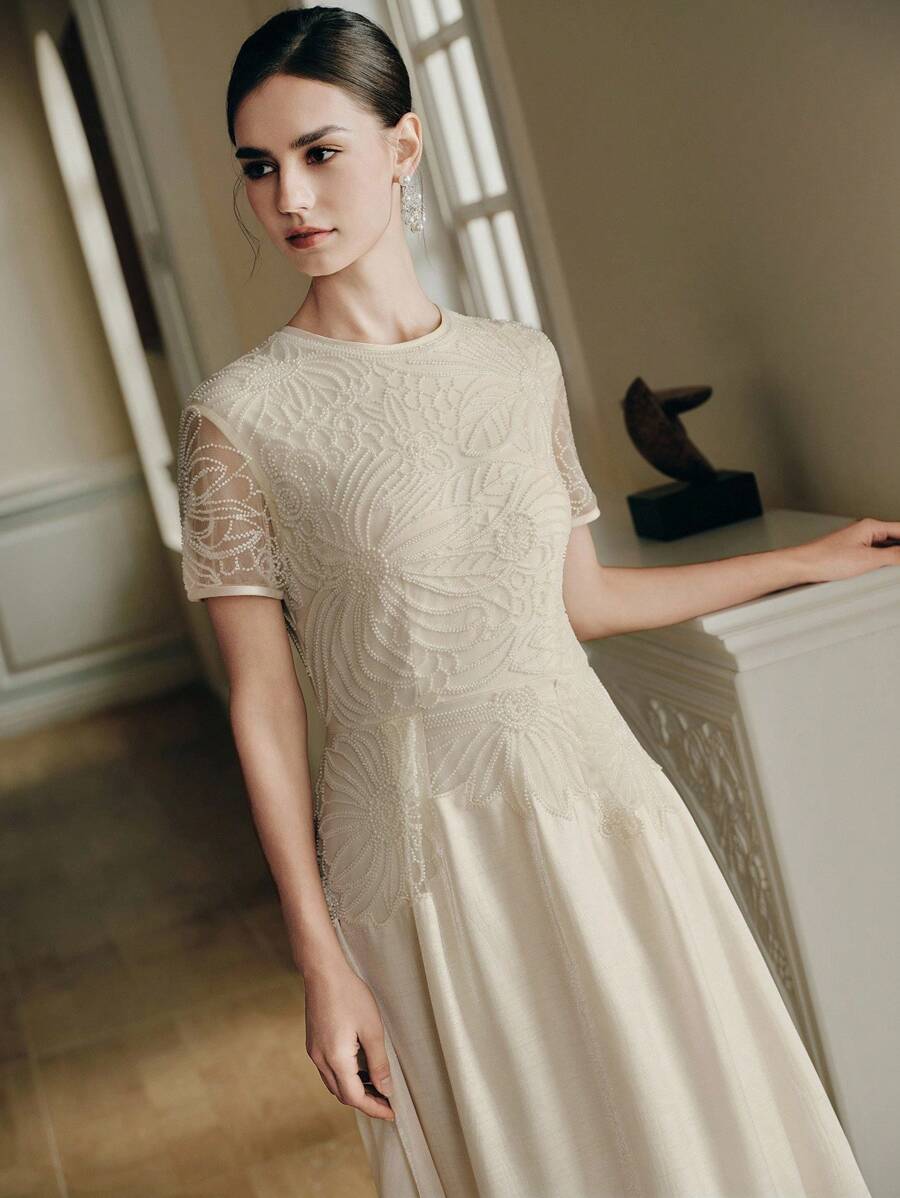 Anewsta 女士优雅度假风格奢华雪纺连衣裙 - 杏色 - 查看 1