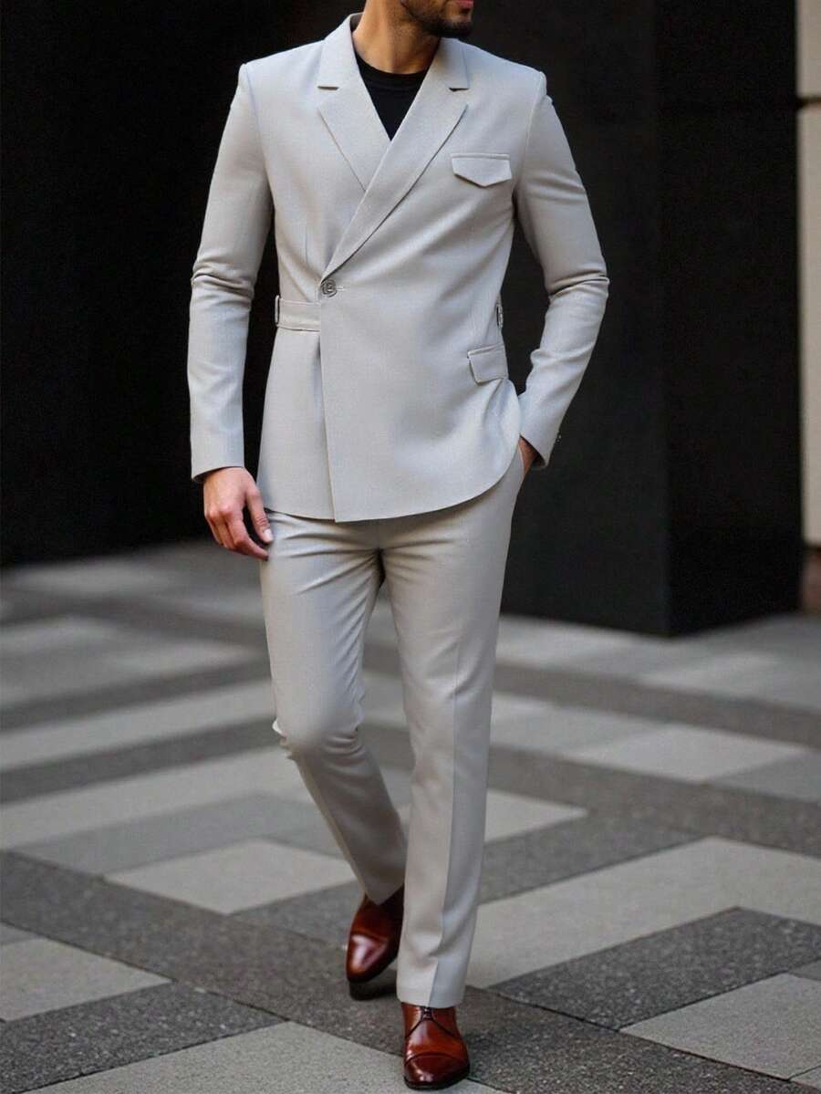 Manfinity Mode Bộ vest công sở thường ngày có ve áo đơn màu tay dài, cổ bẻ và quần dài - Màu Xám nhạt - Xem 1