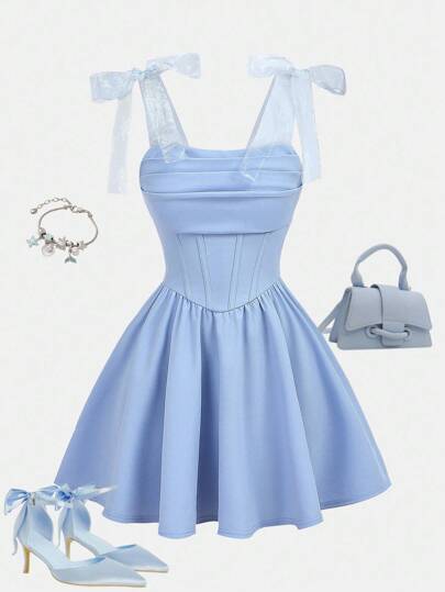 SHEIN Girlism Vestido de tirantes de malla con lazo y fruncido para adolescentes, elegante para primavera, verano, otoño, invierno, vuelta al colegio, fiesta, cita