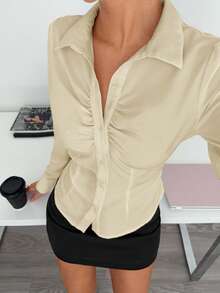 Siren Gaze Blusa de manga larga con botones y pliegues de unicolor, casual de invierno para mujer - Albaricoque - Ver 5