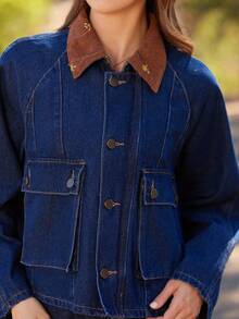 WESTFADE 混合材质牛仔布和花卉刺绣灯芯绒领口纽扣前襟 A 字形实用夹克，适合女士的可爱秋季服装，乡村音乐会 - 深色水洗藍 - 查看 2