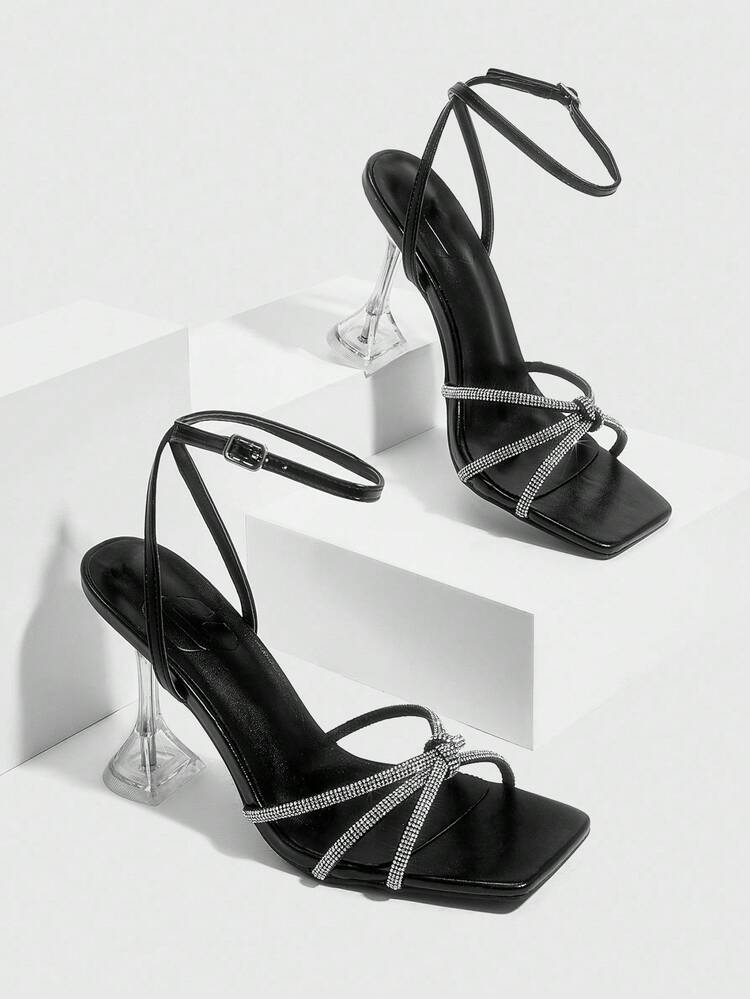 CUCCOO SZL Women's Black Diamond Strap Ankle Strap Sexy Fashion Square Toe Glass Cup Heel Nightclub Elegant High Heel Sandals