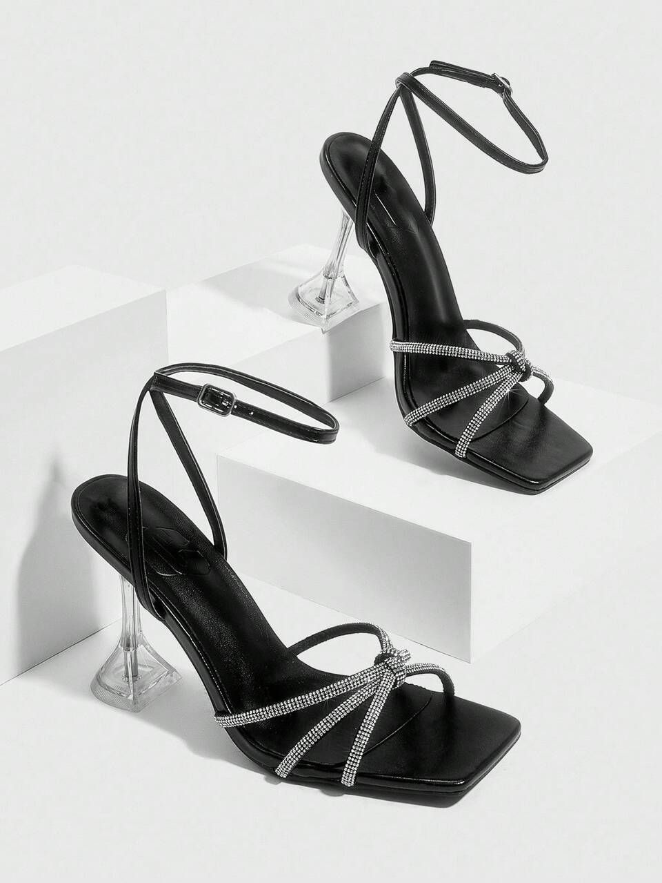 CUCCOO SZL Women's Black Diamond Strap Ankle Strap Sexy Fashion Square Toe Glass Cup Heel Nightclub Elegant High Heel Sandals