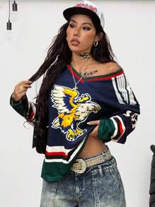 Coolane 女士秋冬街头服饰复古运动休闲 Y2K 日常穿着鹰图案 V 领长袖超大针织 T 恤 - 彩色 - 查看 3