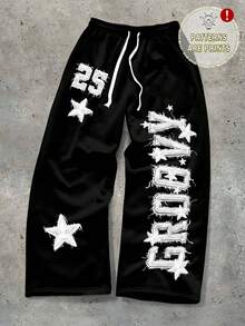 Manfinity EMRG Calça de moletom masculina moderna, casual, estilo jovem, estilo urbano, com letras bordadas e estampa de estrelas, com estampa digital, adequada para encontros, reuniões, combinação de casais, ótimo presente para namorado, estilo emo, anos 2000 - Preto - Ver 5