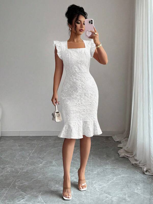 Elenzga Women's Square Neck Cap Sleeve Elegant Jacquard Commuter Dress, Summer