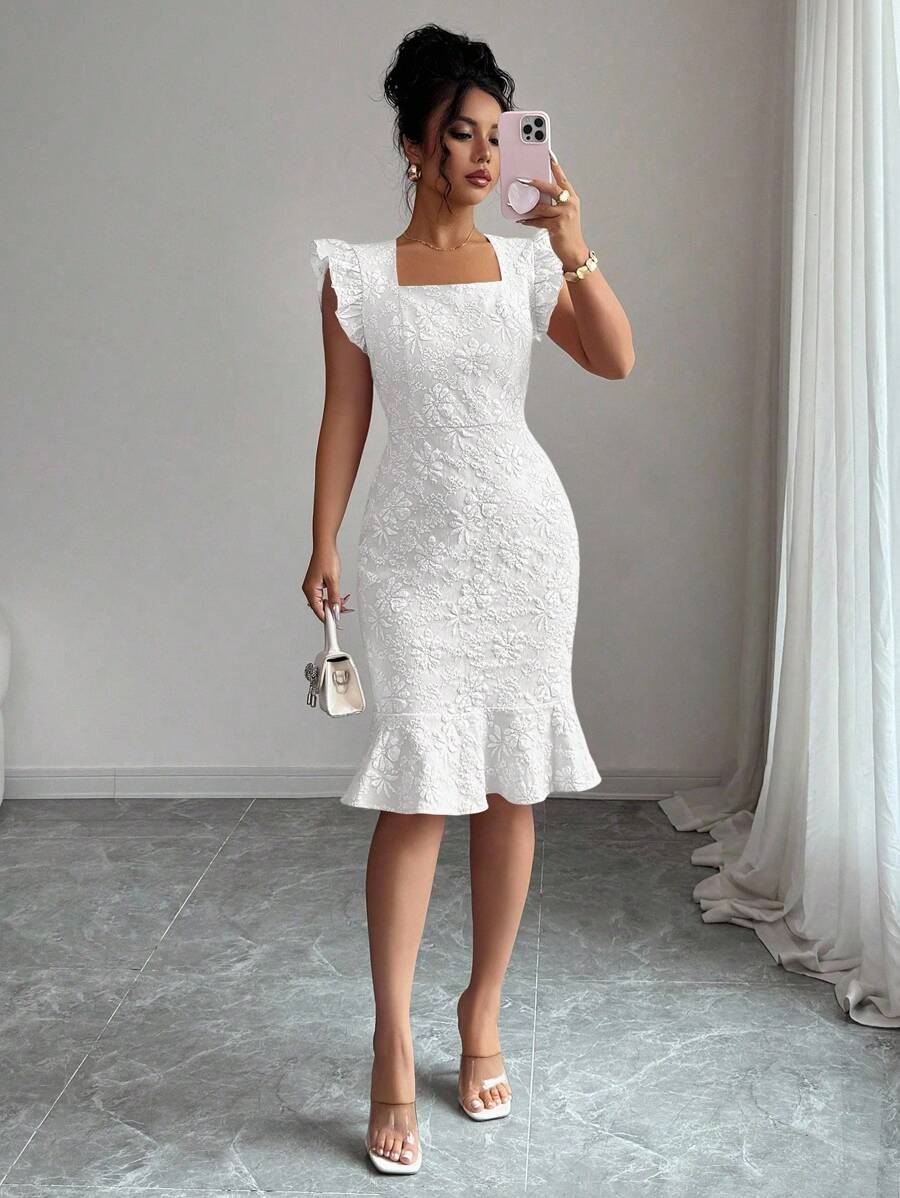 Elenzga 女士方领盖袖优雅提花通勤连衣裙，夏季 - 白色 - 查看 1