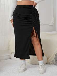 SHEIN EZwear Plus Drawstring Split Thigh Skirt - Multicolor - View 1