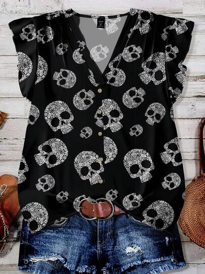 EMERY ROSE Plus Size Women's Clothing Daily Casual Vacation Pink V-Neck Small Flying Sleeves Holiday Style Halloween Skull Pattern Loose Shirt Women's Summer Clothing Women's Vacation Clothing Women's Summer Clothing Women's Going Out Tops Cute Summer Tops Women's Summer Clothing Skull Shirt Floral Skull Top,Halloween Chic Blouses For WomenIn ,Flower/Spring