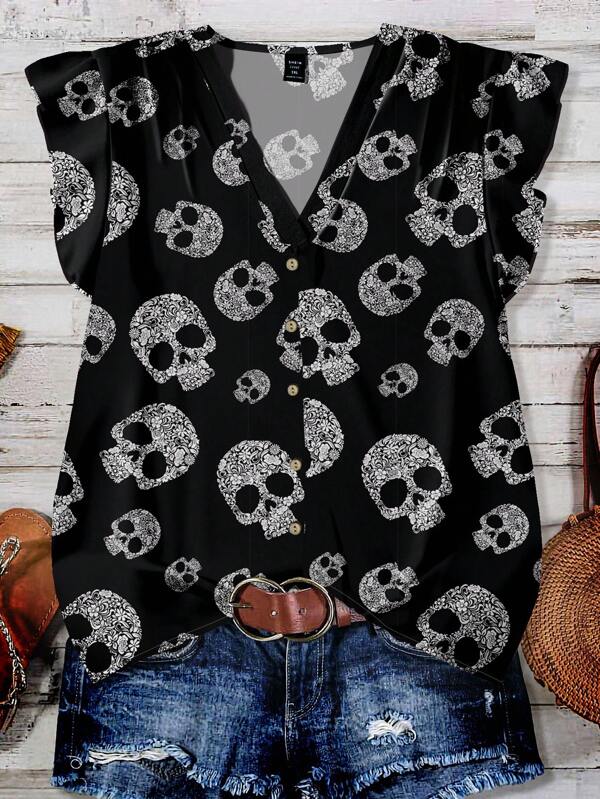 EMERY ROSE Plus Size Women's Clothing Daily Casual Vacation Pink V-Neck Small Flying Sleeves Holiday Style Halloween Skull Pattern Loose Shirt Women's Summer Clothing Women's Vacation Clothing Women's Summer Clothing Women's Going Out Tops Cute Summer Tops Women's Summer Clothing Skull Shirt Floral Skull Top,Halloween Chic Blouses For WomenIn ,Flower/Spring