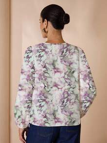 Glamance Shutterstock 白色花卉休闲优雅精致简约女士长袖 V 领衬衫，适合日常、工作、郊游、办公室、复古、旅行、教师节、秋冬花卉衬衫女士衬衫印花衬衫 - 彩色 - 查看 2