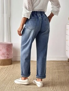 EMERY ROSE Mature Denim 女式休闲水洗抽绳腰牛仔裤 - 藍色 - 查看 2