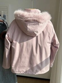 SHEIN 青少年女孩休闲百搭仿皮草连帽羊毛夹克 - 彩色 - 查看 2