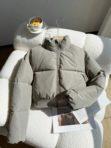 Teen Girls' Short Zip-Up High Collar Padded Coat, Casual Commuter Wear, Autumn/Winter Fall - Grey - View 6