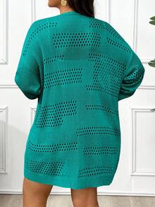 Elenzga Plus Size Casual Solid Color Hollow Out Knit Cardigan Fall Winter Cloth For Women Autumn