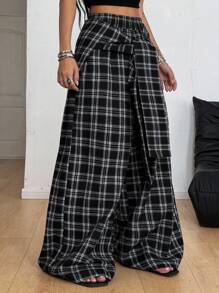 Coolane Fall Clothes For Women Going Out Streetwear  Plaid Woven Tie-Waist Wide Leg Loose Casual Pants Plaid Pants Checkered Pants - Multicolor - View 4