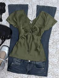 INAWLY ผ้าเบลาส์ผูกหน้าสีพื้นแบบสบาย ๆ สำหรับผู้หญิง, ฤดูร้อน