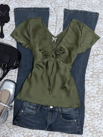 SHEIN Áo cánh buộc dây phía trước màu trơn thường ngày cho nữ, mùa hè