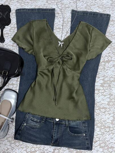 INAWLY Women's Casual Solid Color Tie Front Blouse, Summer