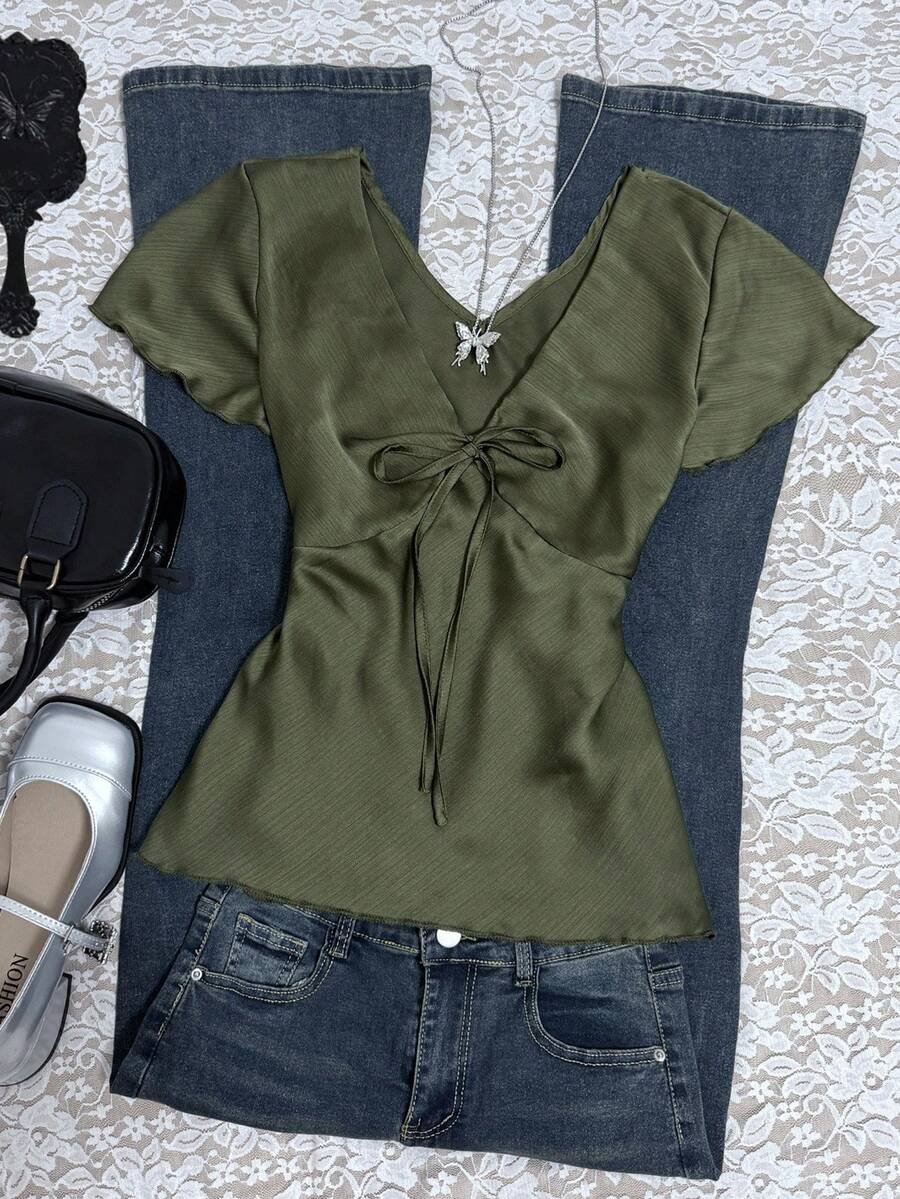 INAWLY Women's Casual Solid Color Tie Front Blouse, Summer