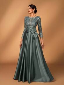 Serin Elegante y lujoso vestido de manga larga transparente con bordado de encaje floral, perlas y lazo con diamantes, con vuelo. Adecuado para boda, fiesta, vacaciones, baile de graduación, vestido de noche para novia, madre de la novia