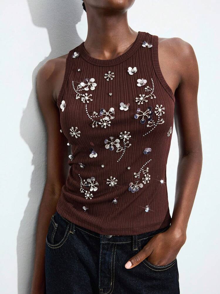 SHEIN Maija Haftowany, okrągły dekolt, bez rękawów, dopasowany, jesienny damski top bez rękawów, minimalistyczny, w stylu kurortu, uniwersalny, odpowiedni na Boże Narodzenie, powrót do szkoły, dla nauczycieli, na co dzień