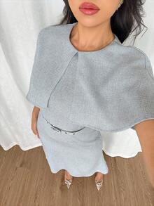 Feyla 女士优雅通勤纯色系带中长连衣裙 - 霧霾藍 - 查看 2