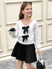 SHEIN 青少年女孩休闲纯色褶皱针织裙，开学季，秋冬 - 黑色 - 查看 2