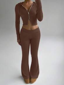 FavEase Áo nỉ có mũ trùm đầu dệt kim họa tiết lông cừu màu mơ có khóa kéo phía trước và quần dài ống loe cổ điển, Bộ trang phục thể thao giản dị tối giản phù hợp cho tủ đồ mùa xuân thu dành cho nữ - Cà phê nâu - Xem 3