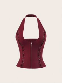 SHEIN ICON 女式纯色拉链挂脖系带绒面革背心红色束身衣上衣红色上衣女式束身衣上衣女式系带束身衣上衣红色上衣秋季女式服装婚礼宾客礼服女式 - 棕色 - 查看 9