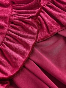 SHEIN MOD 加大码勃艮第红复古荷叶边装饰短款喇叭迷你裙，适合舞会、派对和活动 - 酒紅色 - 查看 3