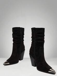 Solezae Botas de tacón de bloque de punta sexy de mujer sintético hasta la pantorrilla y caídas - Negro - Ver 2