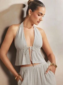 L'Amorae 女士亚麻条纹荷叶边露背上衣